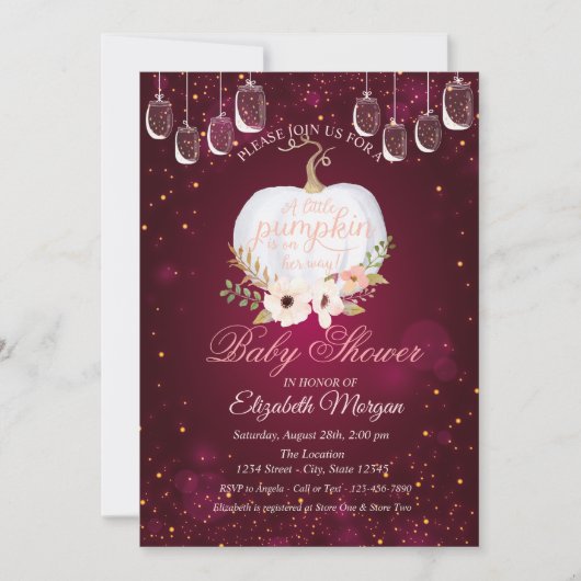 パンプキエレガントン,ライト,フローラバーガンディ赤ちゃんシャワー 招待状 (正面)