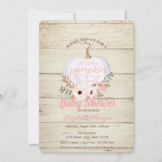 パンプキエレガントン、木の質感、フローラベビーシャワー 招待状 (正面)