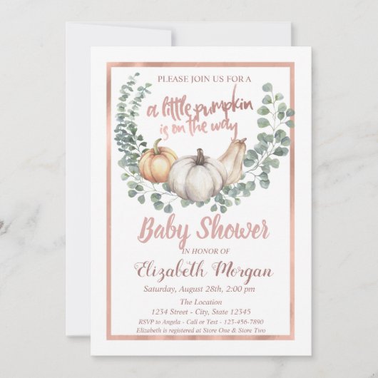 パンプキエレガントン,葉バラ,フレーム金ゴールドベビーシャワー 招待状 (正面)