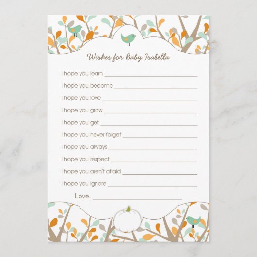 パンプキパーソナライズされたンの赤ちゃんシャワーの願い アドバイスカード (正面)