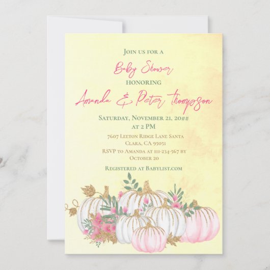 パンプキモダンン赤面ピンク金ゴールドイエローベイビーシャワー 招待状 (正面)