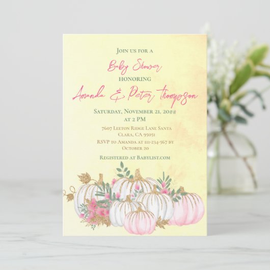 パンプキモダンン赤面ピンク金ゴールドイエローベイビーシャワー 招待状 (スタンド正面)