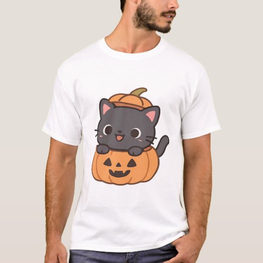 パンプキンから飛び出す遊び心満載の黒猫Tシャツ - Tシャツ (正面)