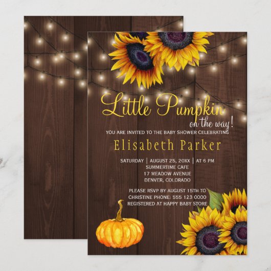 パンプキンとひまわりが可愛らしい農村風の木製の赤ちゃんのお披露目パーティー 招待状 (正面/裏面)