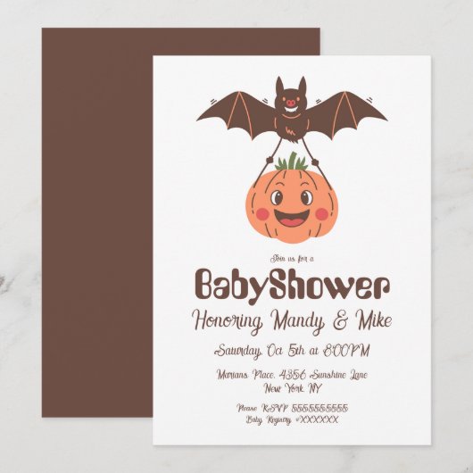 パンプキンとコウモリのベビーシャワーハロウィンパーティー 招待状 (正面/裏面)