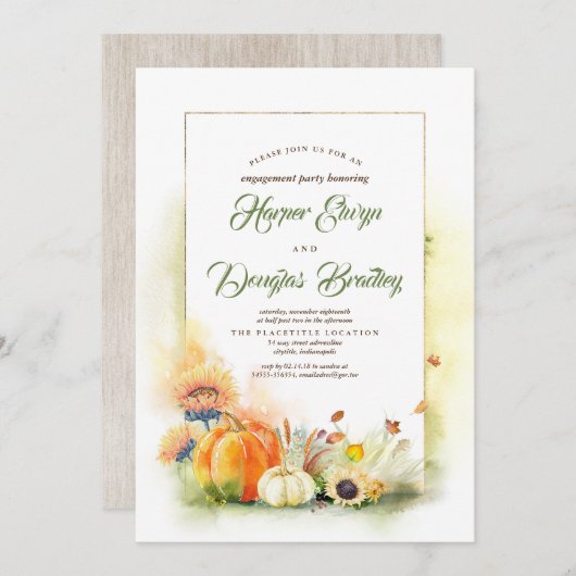 パンプキンとヒマワリの秋のエンゲージメントパーティ 招待状 (正面/裏面)