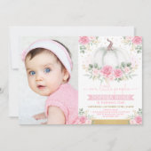 パンプキンとピンクのフローラガールズ1歳の誕生日写真 招待状 (正面)