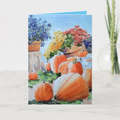 パンプキンとマムのグリーティングカード、秋のアート カード (正面)
