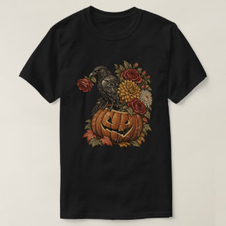 パンプキンと秋の花々に止まるヴィンテージのワタリガラス Tシャツ