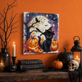 パンプキンと黒猫のハロウィンウォールクロック スクエア壁時計