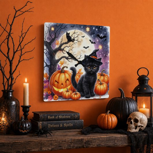 パンプキンと黒猫のハロウィンウォールクロック スクエア壁時計