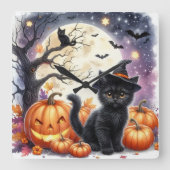 パンプキンと黒猫のハロウィンウォールクロック スクエア壁時計 (正面)