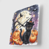 パンプキンと黒猫のハロウィンウォールクロック スクエア壁時計 (傾斜)