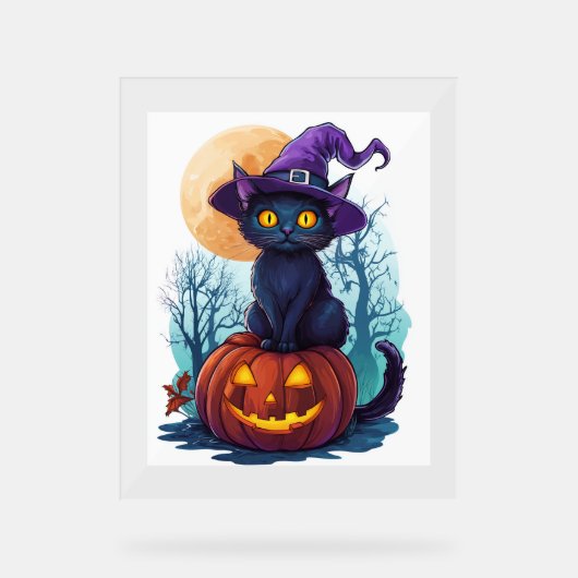 パンプキンにハロウィーンの魔猫 アクリルサイン (正面)