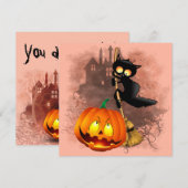 パンプキンに怖がる猫 ハロウィンの愉快なキャラクター 招待状 (正面/裏面)