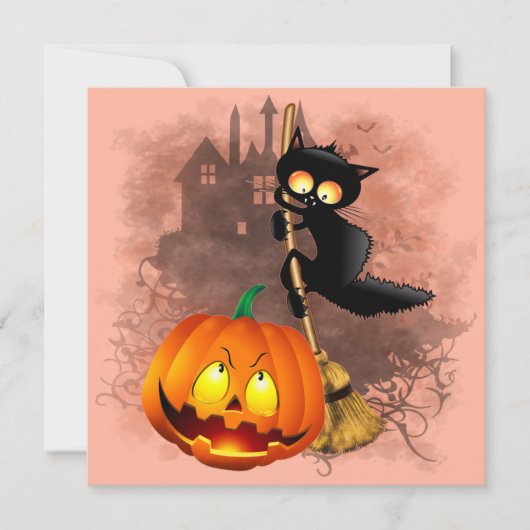 パンプキンに怖がる猫 ハロウィンの愉快なキャラクター 招待状 (正面)