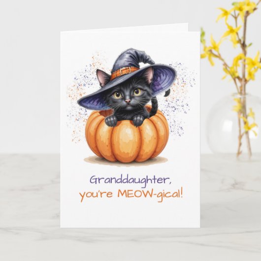 パンプキンに登場する孫娘ハロウィーンのかわいい猫 カード (黄色い花)