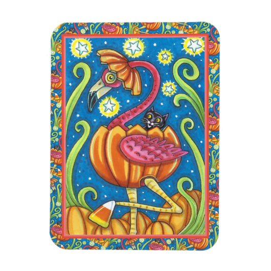 パンプキンのハロウィーンピンクフラミンゴ&黒猫 マグネット (縦)