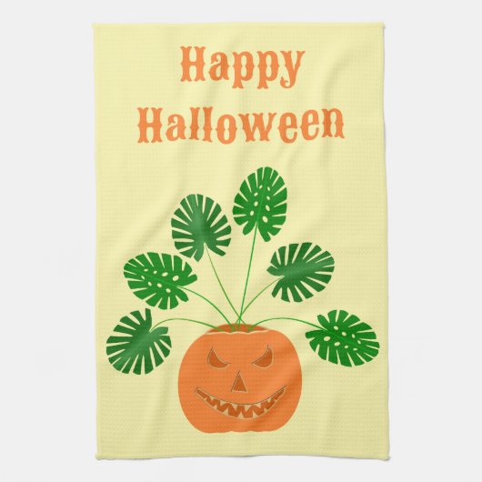 パンプキンのハロウィーンモンステラカスタム植物 キッチンタオル (縦)