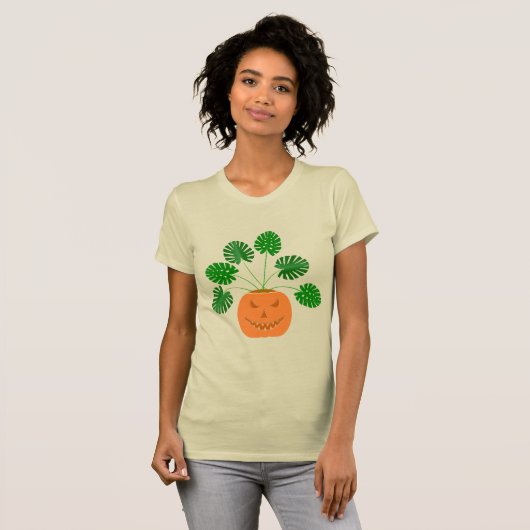 パンプキンのハロウィーンモンステラ植物 Tシャツ (正面フル)