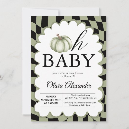 パンプキンオベビーセージ緑市松模様に赤ちゃんシャワー 招待状 (正面)