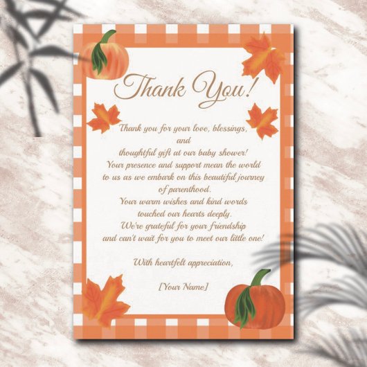 パンプキンオレンジギンガム秋ベビーシャワー サンキューカード