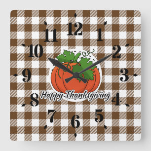 パンプキンオンブラウンプレイド – Happy Thanksgiving スクエア壁時計