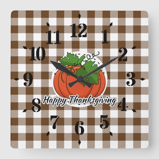 パンプキンオンブラウンプレイド – Happy Thanksgiving スクエア壁時計 (正面)