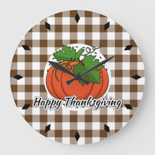 パンプキンオンブラウンプレイド – Happy Thanksgiving ラージ壁時計