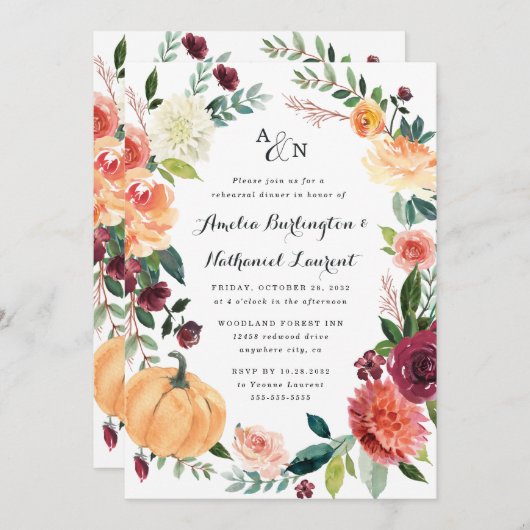 パンプキンオータムシックフローラ素朴リハーサルディナー 招待状 (正面/裏面)