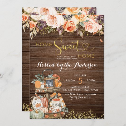 パンプキンオータム素朴フローラ引っ越し祝いパーティーパーティー 招待状 (正面/裏面)