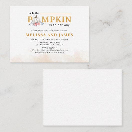 パンプキンカップルベビーシャワーピンクフローラ招待状 ノートカード (正面/裏面)
