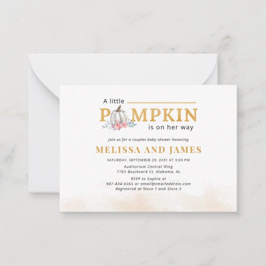 パンプキンカップルベビーシャワーピンクフローラ招待状 ノートカード (正面)