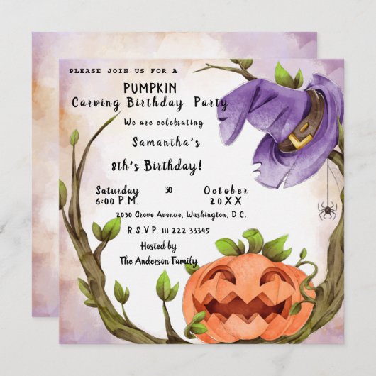 パンプキンカービングバースデーパーティーの招待 招待状 (正面/裏面)