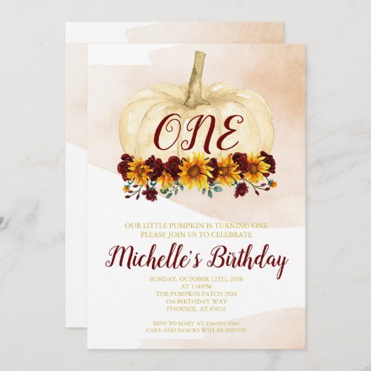 パンプキンガールサンフラワー金ゴールドファースト誕生日 招待状 (正面/裏面)