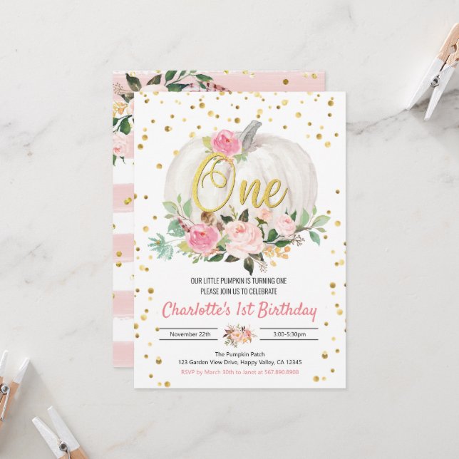 パンプキンガール1st誕生日パーティーピンク招待状 (正面/裏面インサイチュ)