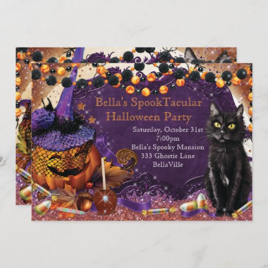 パンプキンキャットハローウィンパーティ招待状 招待状 (正面/裏面)