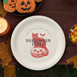 パンプキンキャットヴィンテージオレンジレッドハローウィンパーティ ペーパープレート