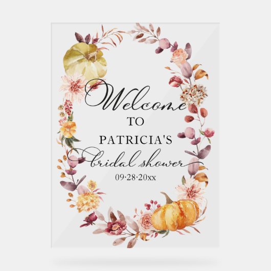 パンプキングリーン秋ブライダルシャワーウェルカムサイン アクリルサイン (正面)