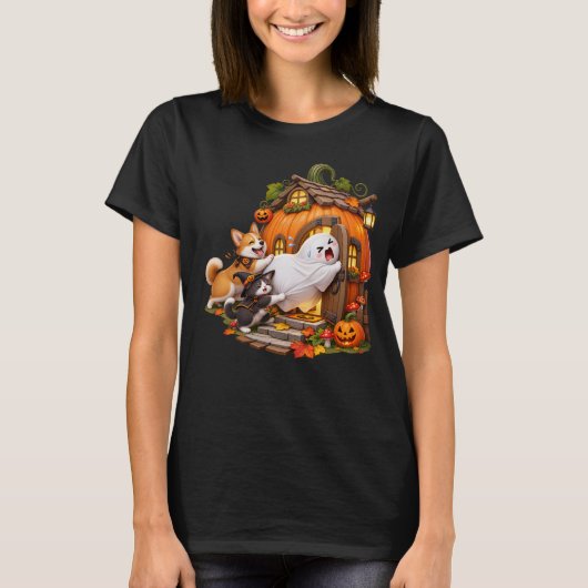 パンプキンコテージに猫と犬ととらわれた幽霊!! Tシャツ (正面)