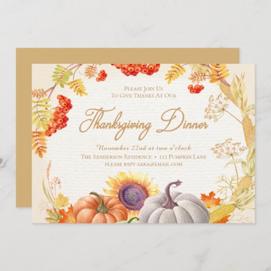 パンプキンサンフラワー感謝祭ディナー招待状 招待状 (正面/裏面)