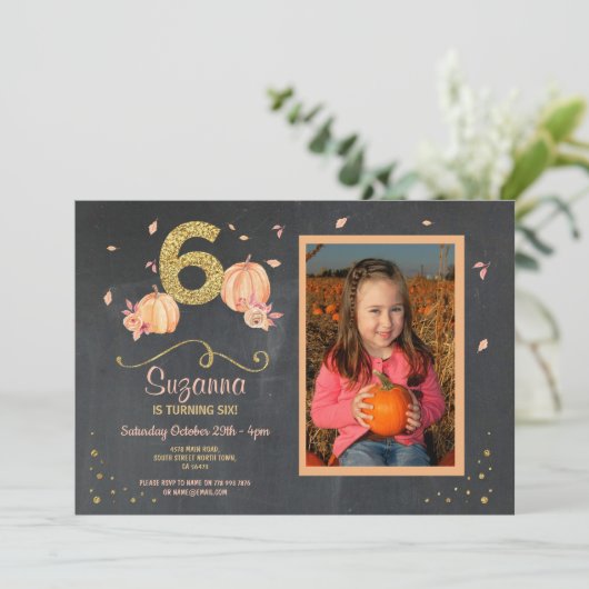 パンプキンシックス誕生日6番目の秋パーティーフォト招待状 招待状 (スタンド正面)