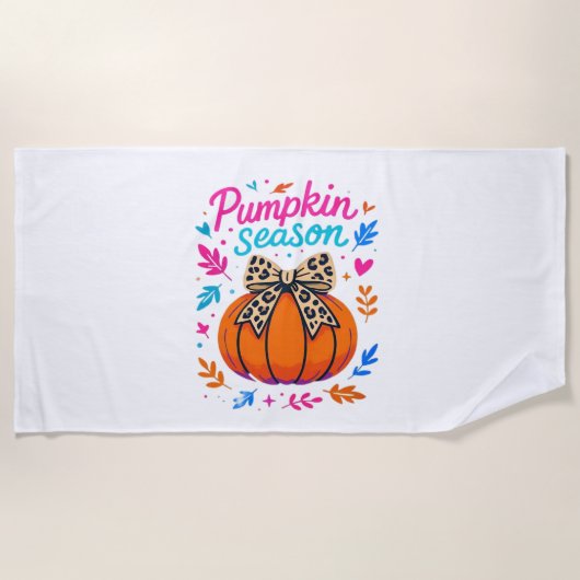 パンプキンシーズンヒョウ弓デザイン – かわいい秋エスト ビーチタオル (正面)