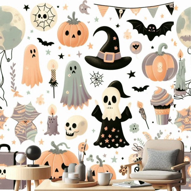 パンプキンジャックウィッチハットスカルブコブ秋デコール 壁紙 (Pumpkin Jack Witch Hat Skull Boo Cobweb Fall Decor Wallpaper)