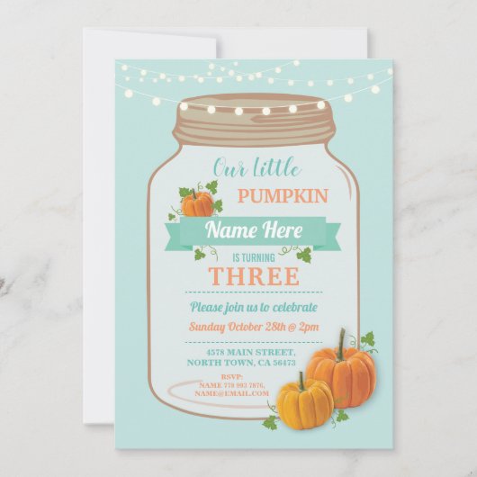 パンプキンジャー 誕生日 秋のパーティー ミント ライト 招待状 (正面)