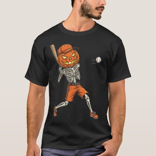 パンプキンスケルトン野球　ハロウィン  Tシャツ (正面)