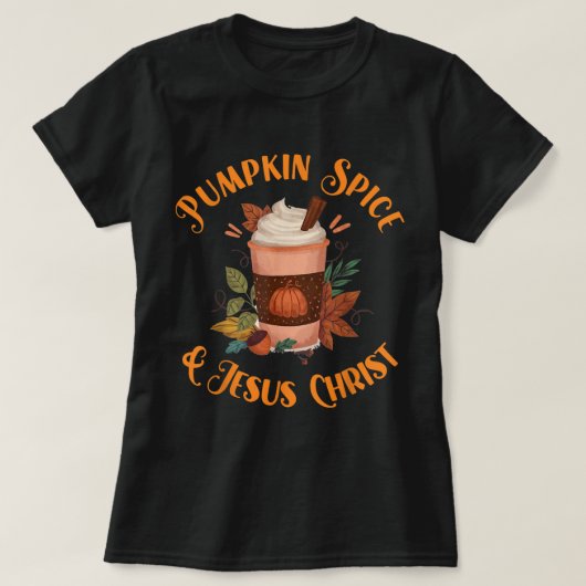 パンプキンスパイスとイエスキリストデザイン Tシャツ (デザイン正面)