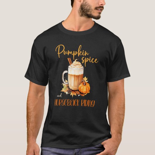 パンプキンスパイスと乗馬 かわいい秋のハロウィン Tシャツ (正面)