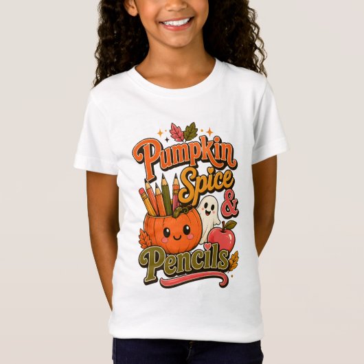 パンプキンスパイスと鉛筆 かわいい秋のTシャツ Tシャツ (正面)