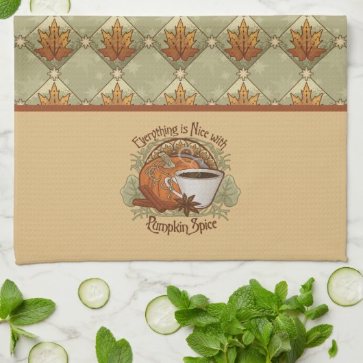 パンプキンスパイスコーヒーアートと紅葉パターン キッチンタオル (折り畳み)